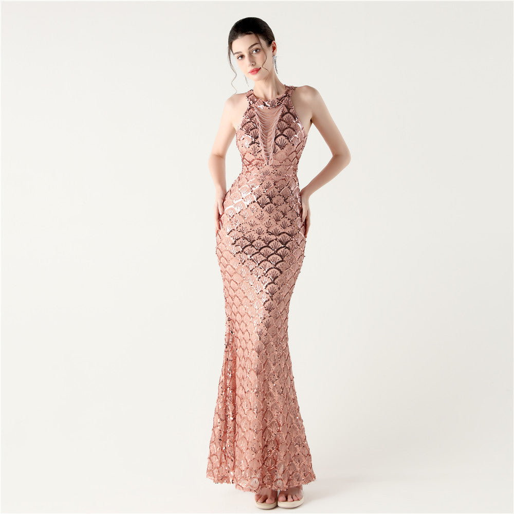 Halter Neck Sequin Illusion Mesh Mermaid Maxi Gown 5