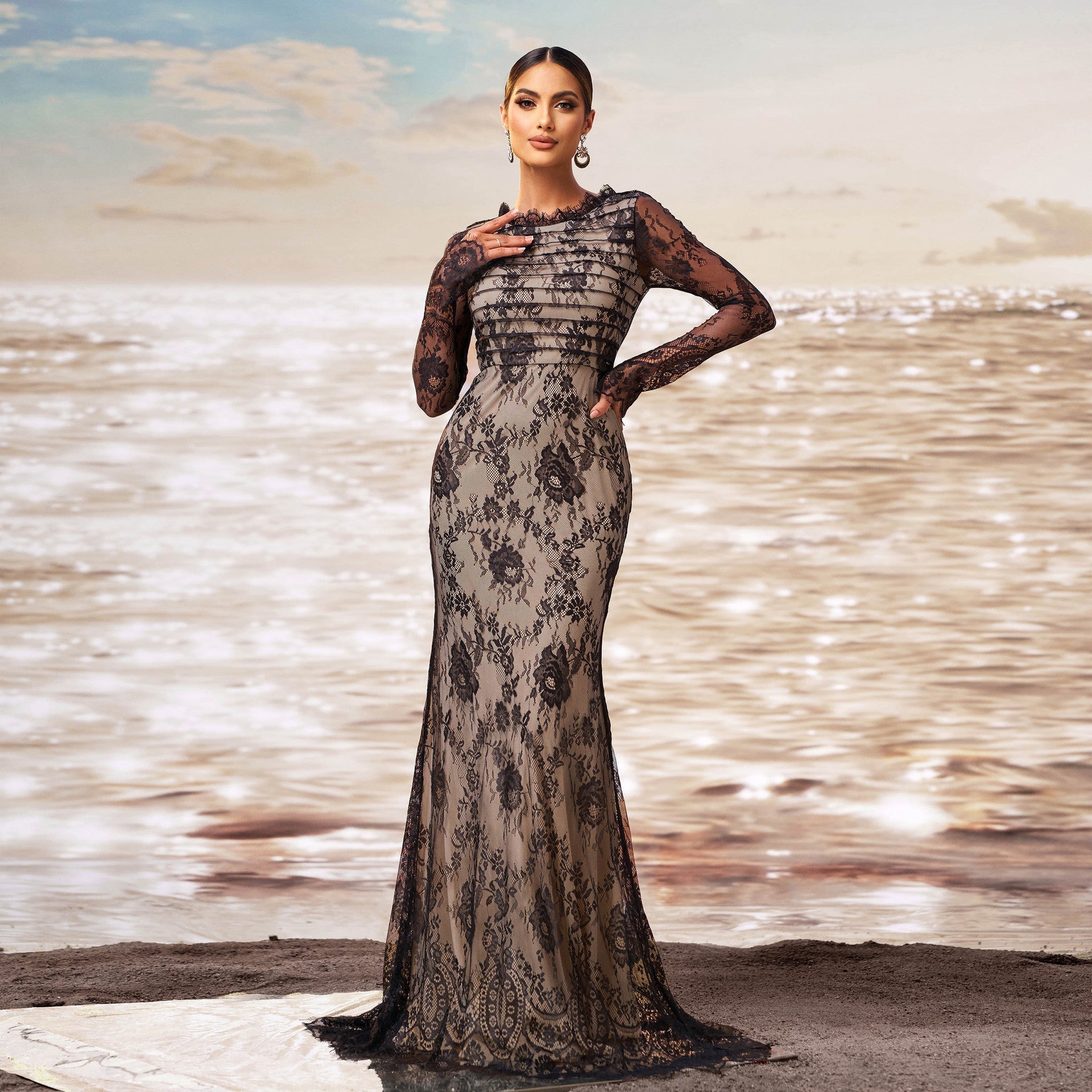 High Grade Long Sleeved round Neck Cocktail Gauzy Package Hip Fishtail Evening Dress Bridesmaid Dress