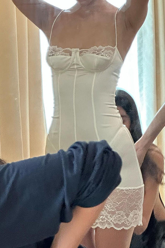 Spaghetti Strap Lace Trim Satin Corset Bodycon Midi Dress