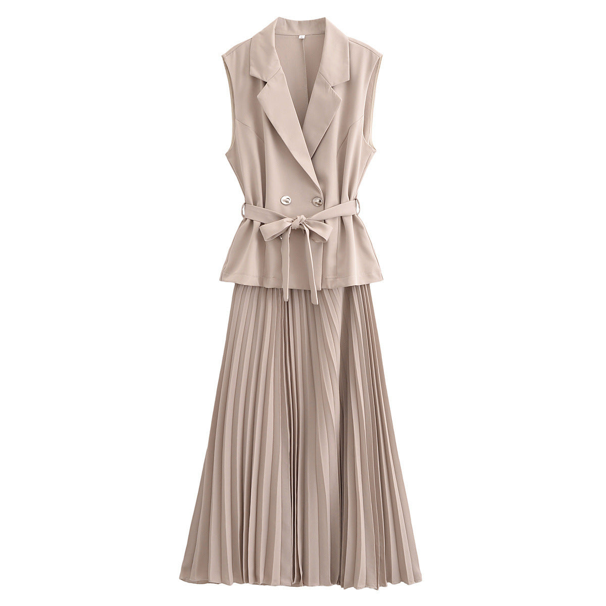 Double-Breasted Belted Vest And Dress Set