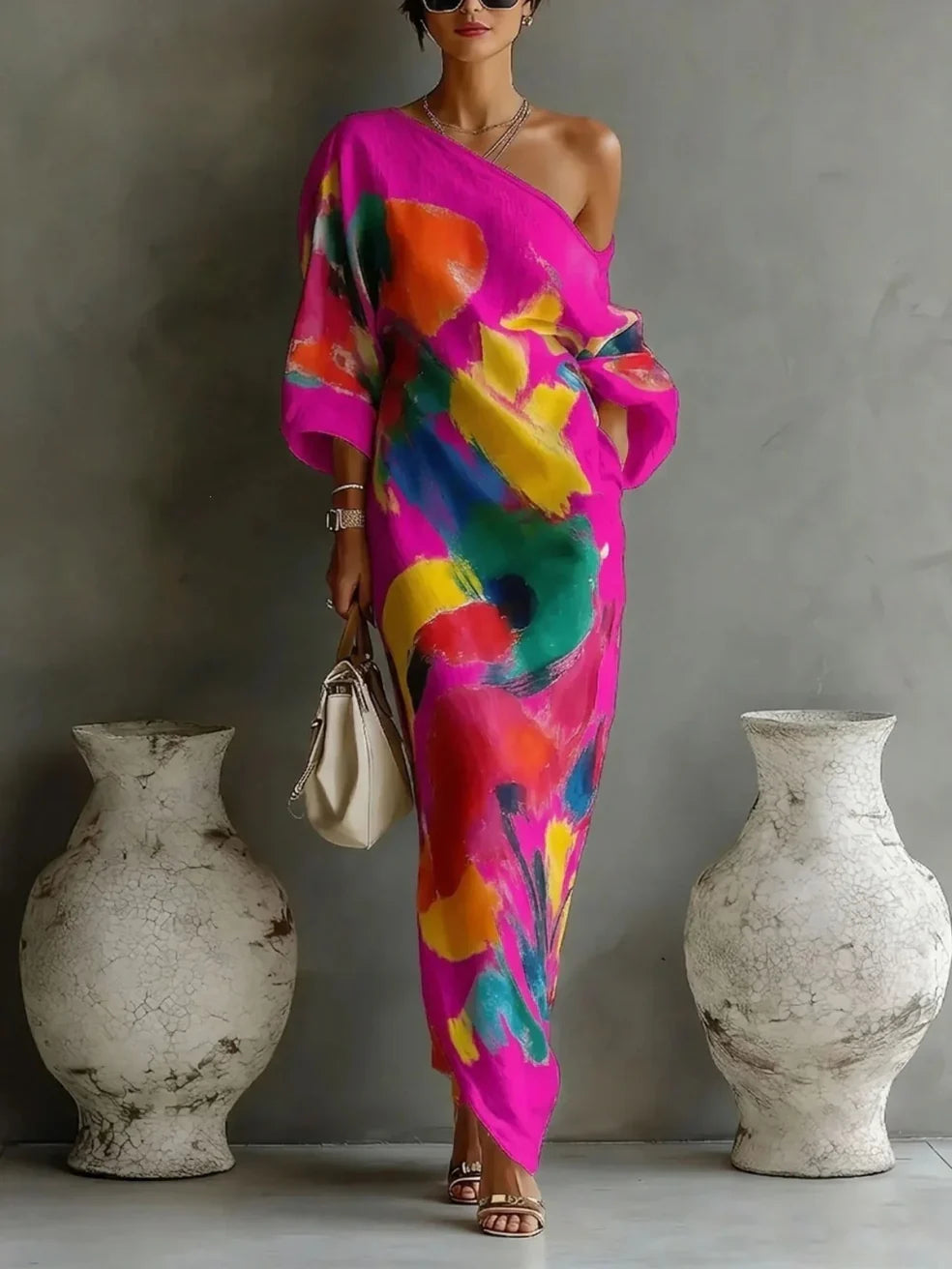 One-Shoulder Long Sleeve Abstract Watercolor Print Column Maxi Dress