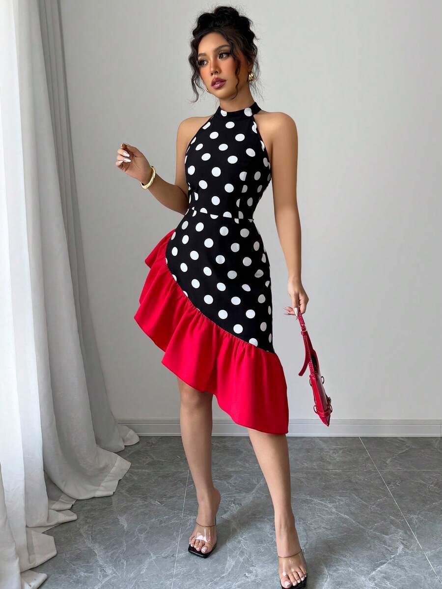 Inés Exclusive Women's Asymmetric Wrap Dress with Dots and Ruffle Details Premium Wardrobe Essential