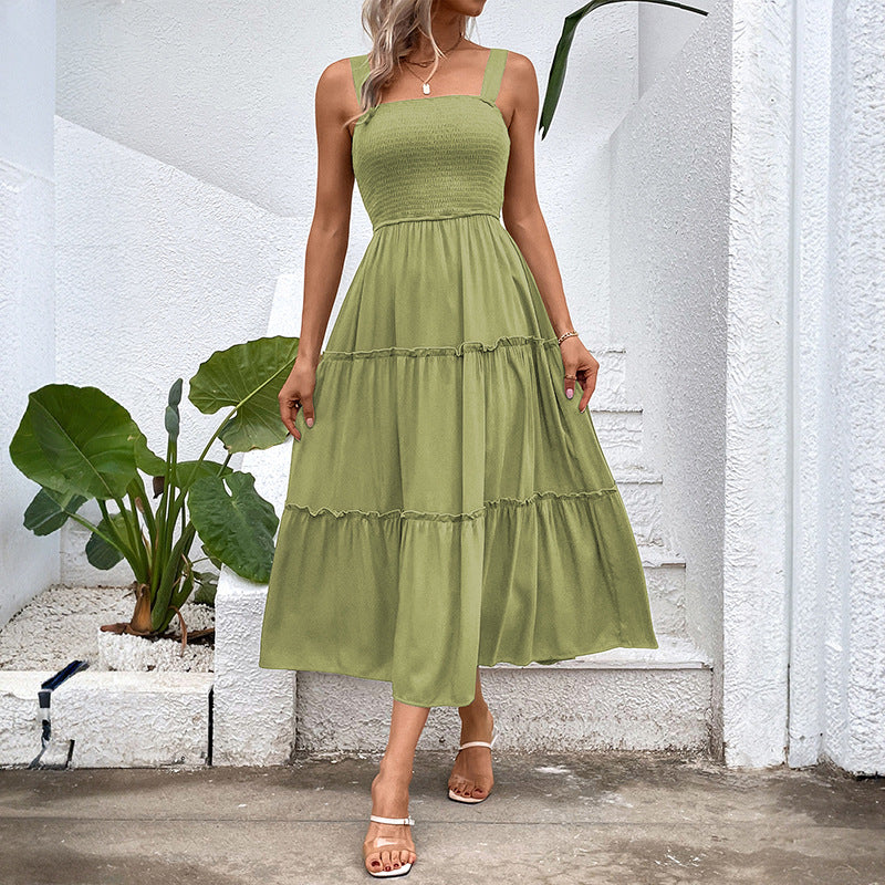 Square Neck Strap Smocked Shirred Tiered A-Line Midi Dress