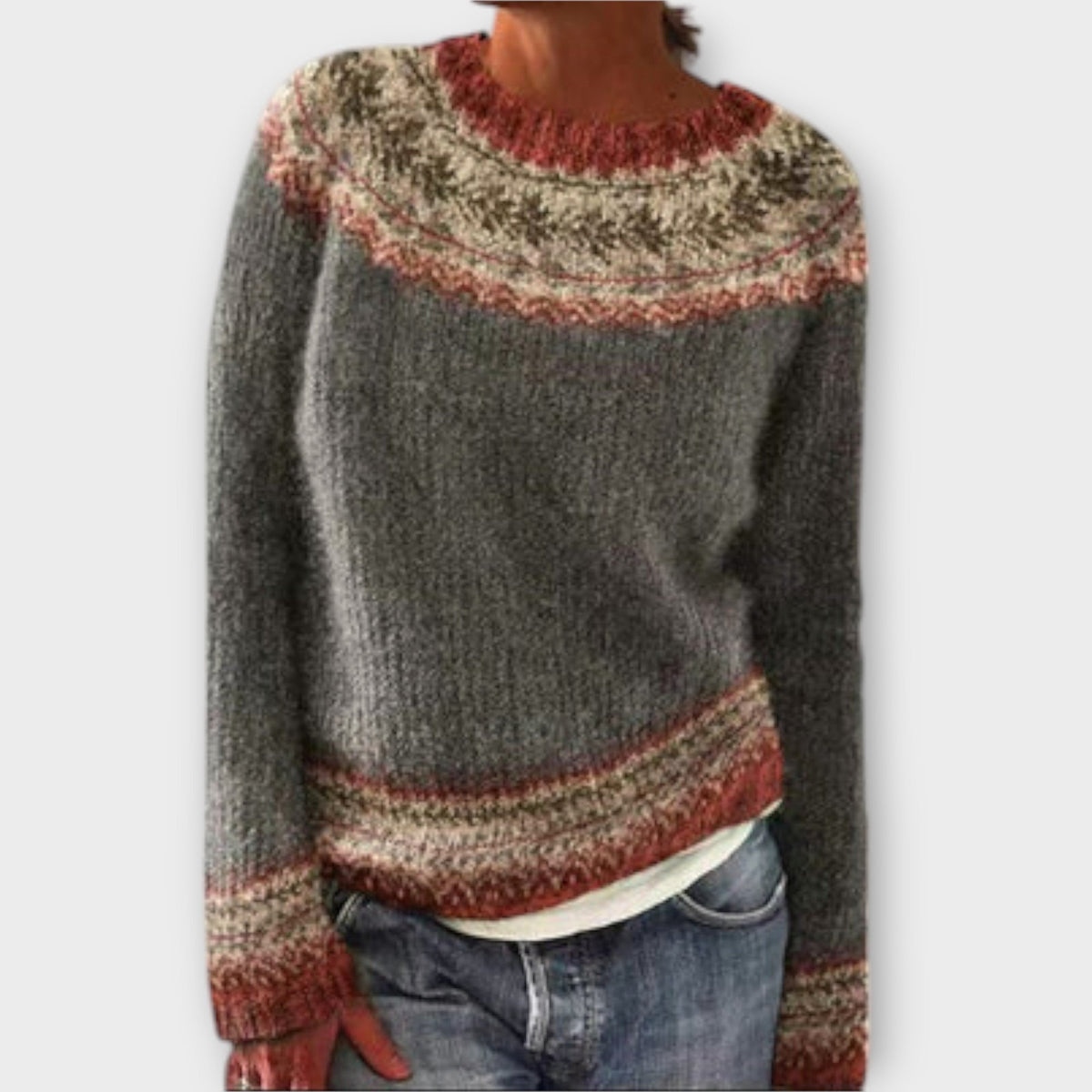 Round Neck Fair Isle Knit Long Sleeve Pullover Sweater 4