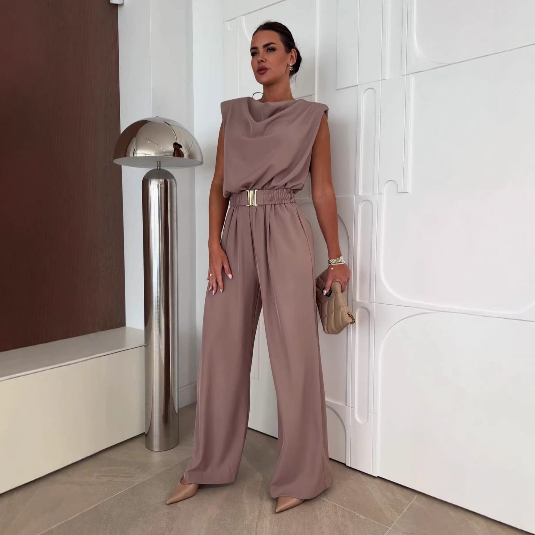 Summer Women Sleeveless Office Waist Wide Leg Jumpsuit