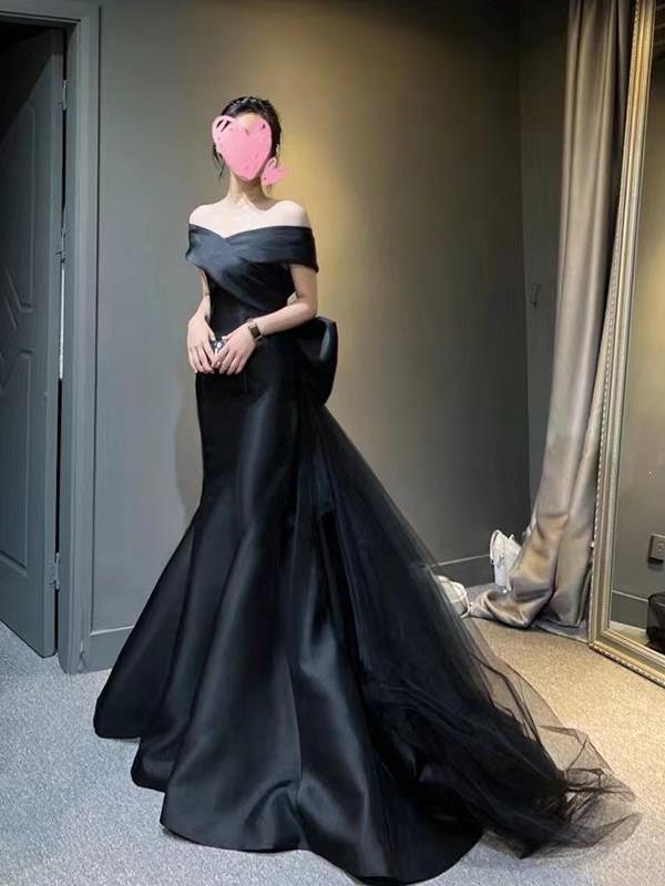Black Off-Shoulder Satin Tulle Ruffle Mermaid Maxi Gown 2
