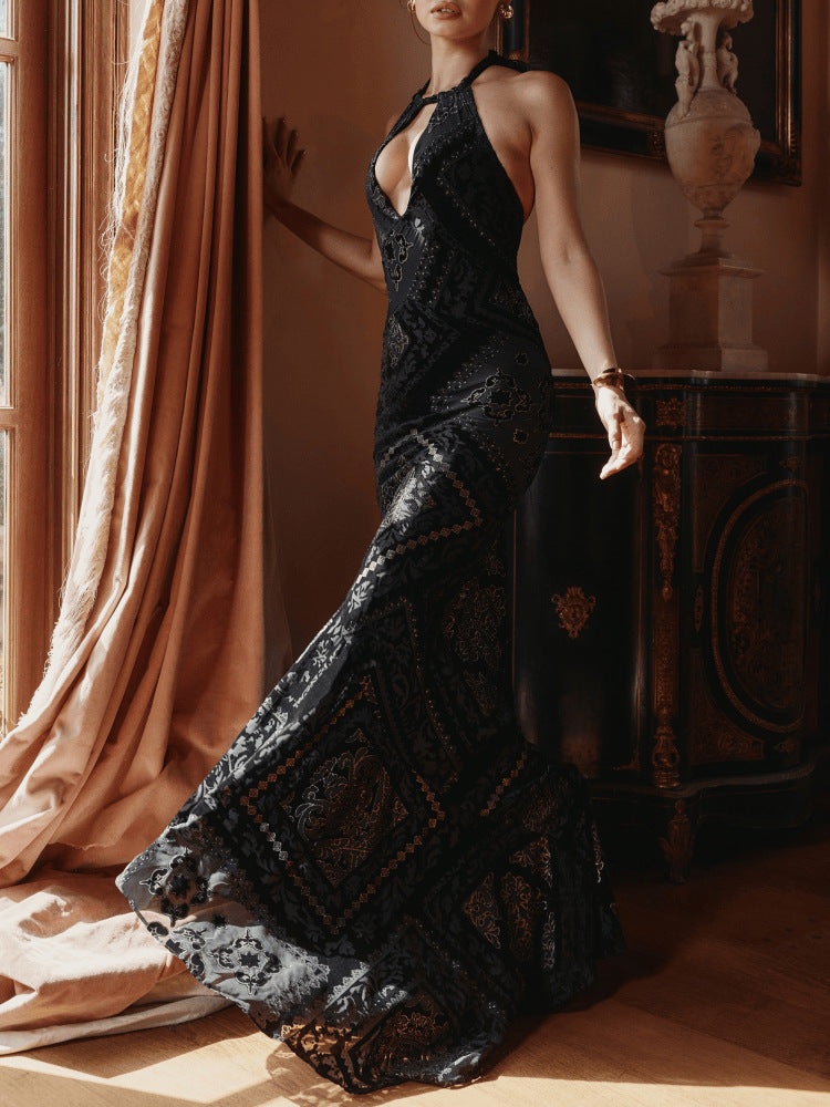 & Gold Devore Velvet Maxi Gown