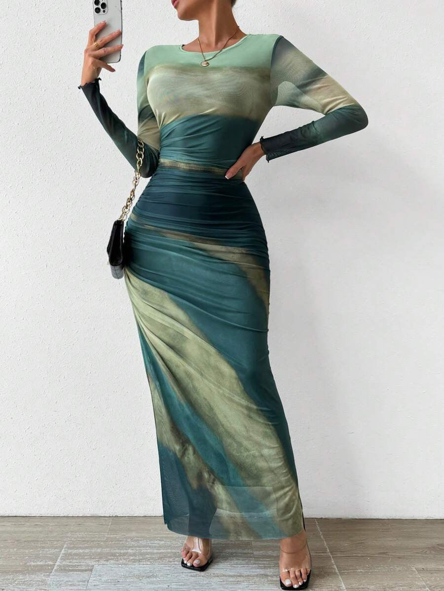 Round Neck Long Sleeve Mesh Tie Dye Ruched Bodycon Maxi Dress