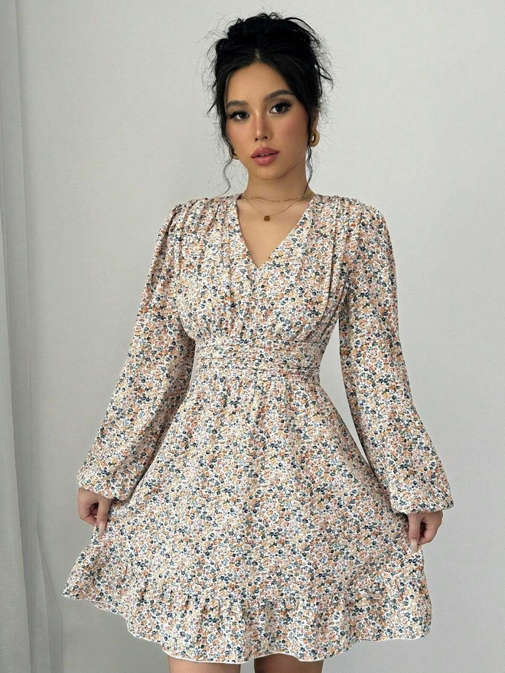 Yesenia Timeless Women's Floral Dress with V Neck and Ruffle Details Designer Edit