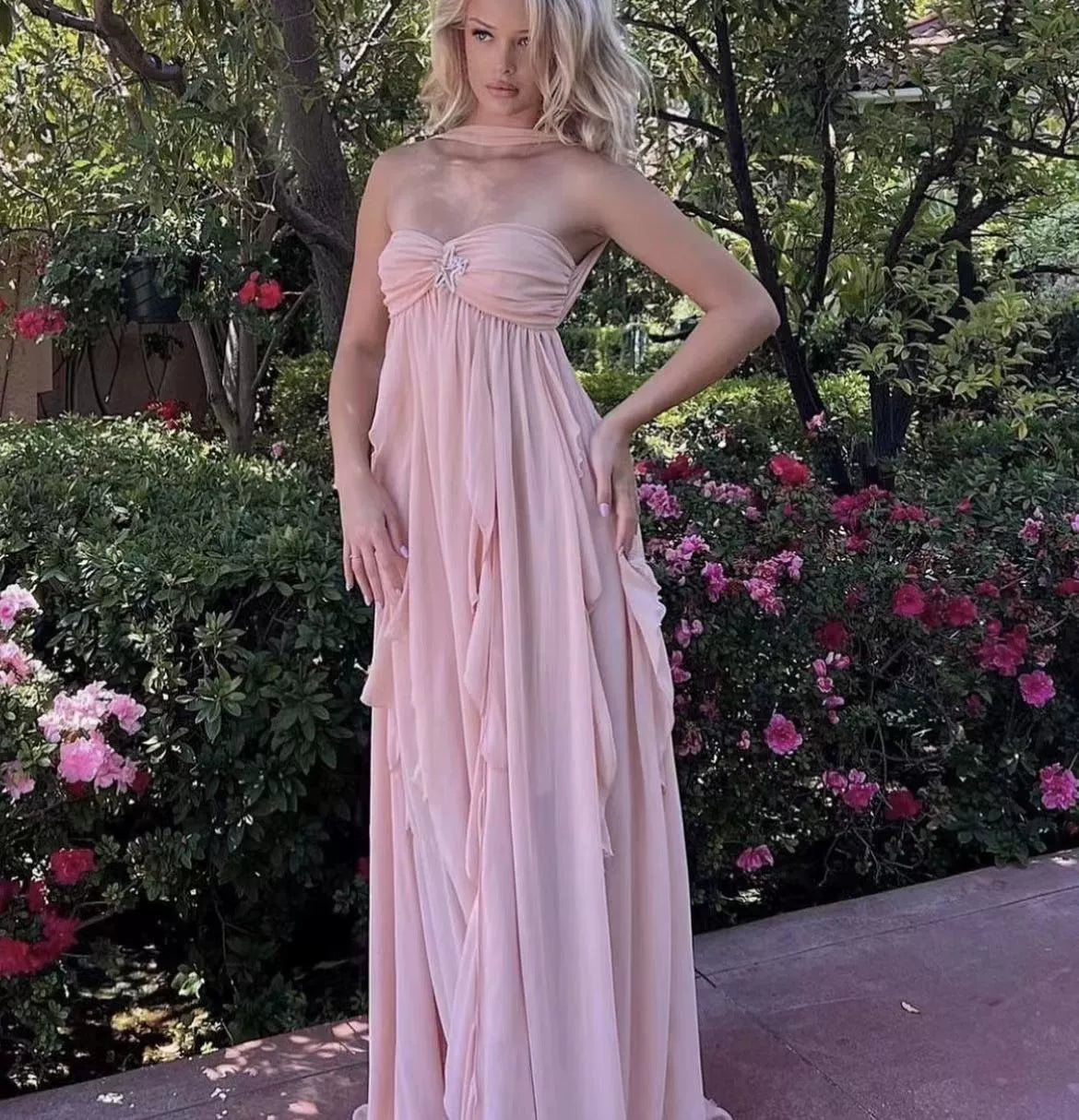 French halterneck chiffon dress