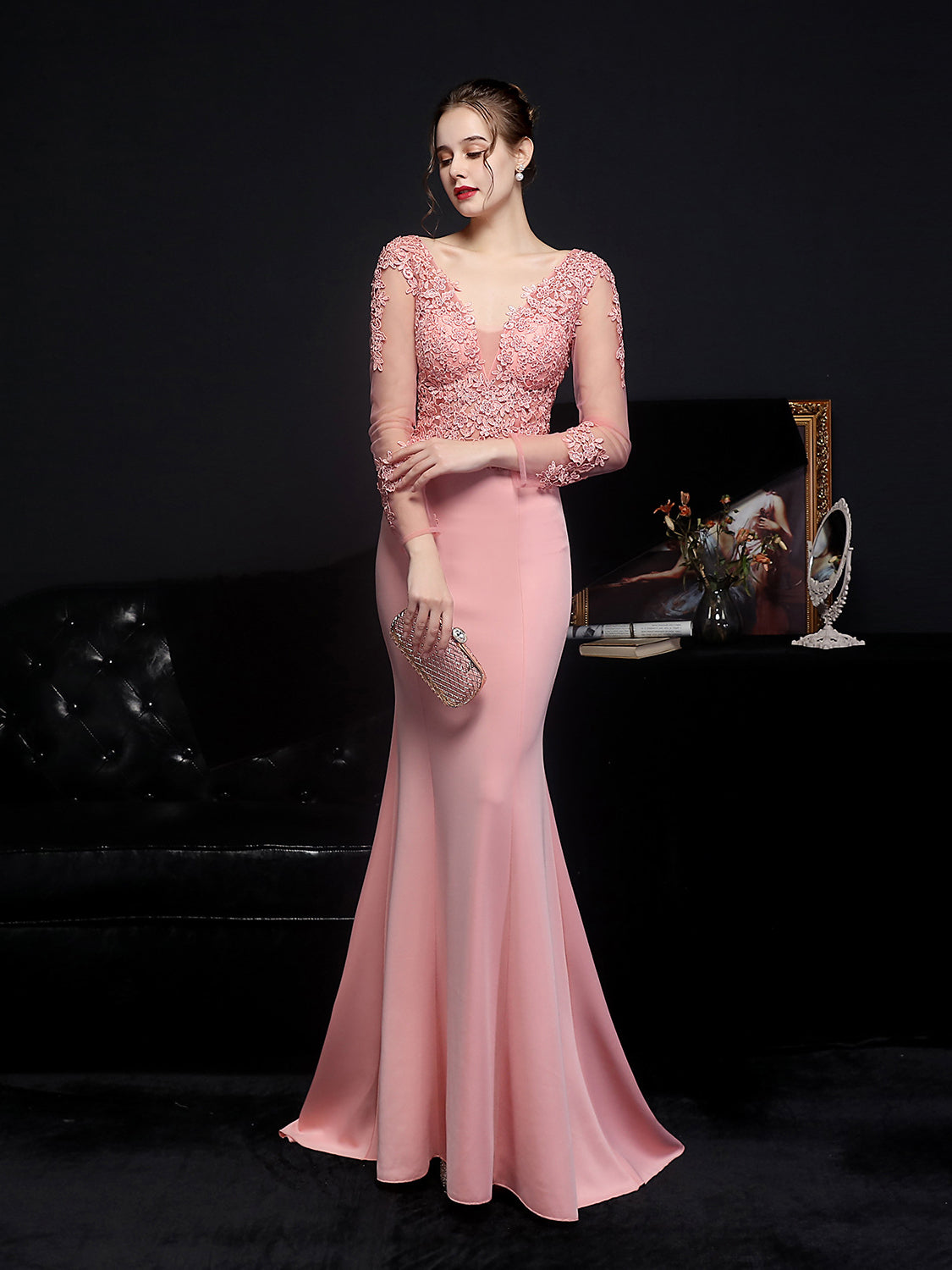 Lace long sleeved evening dress
