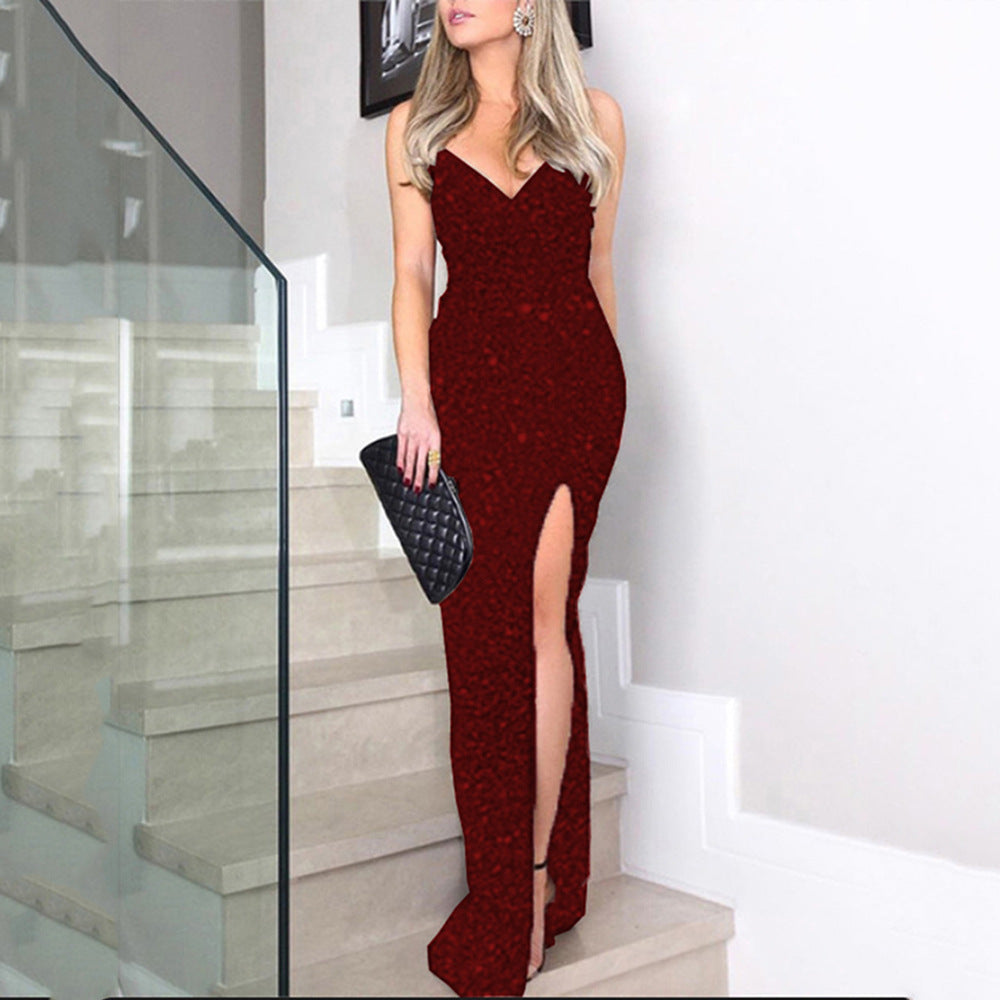 V-Neck Spaghetti Strap Sequin High Slit Bodycon Maxi Dress
