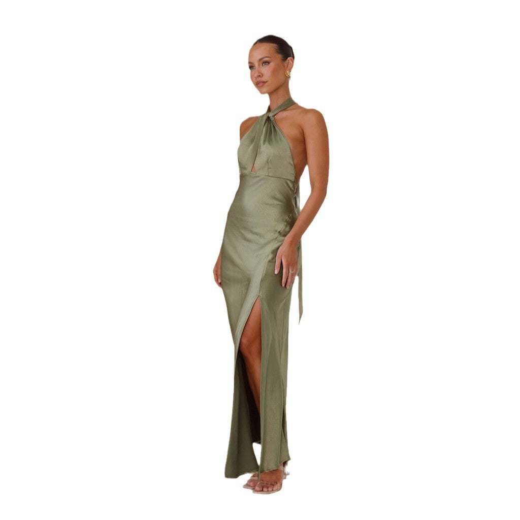 Halter Neck Satin Keyhole Cutout Backless High Slit Maxi Dress 9