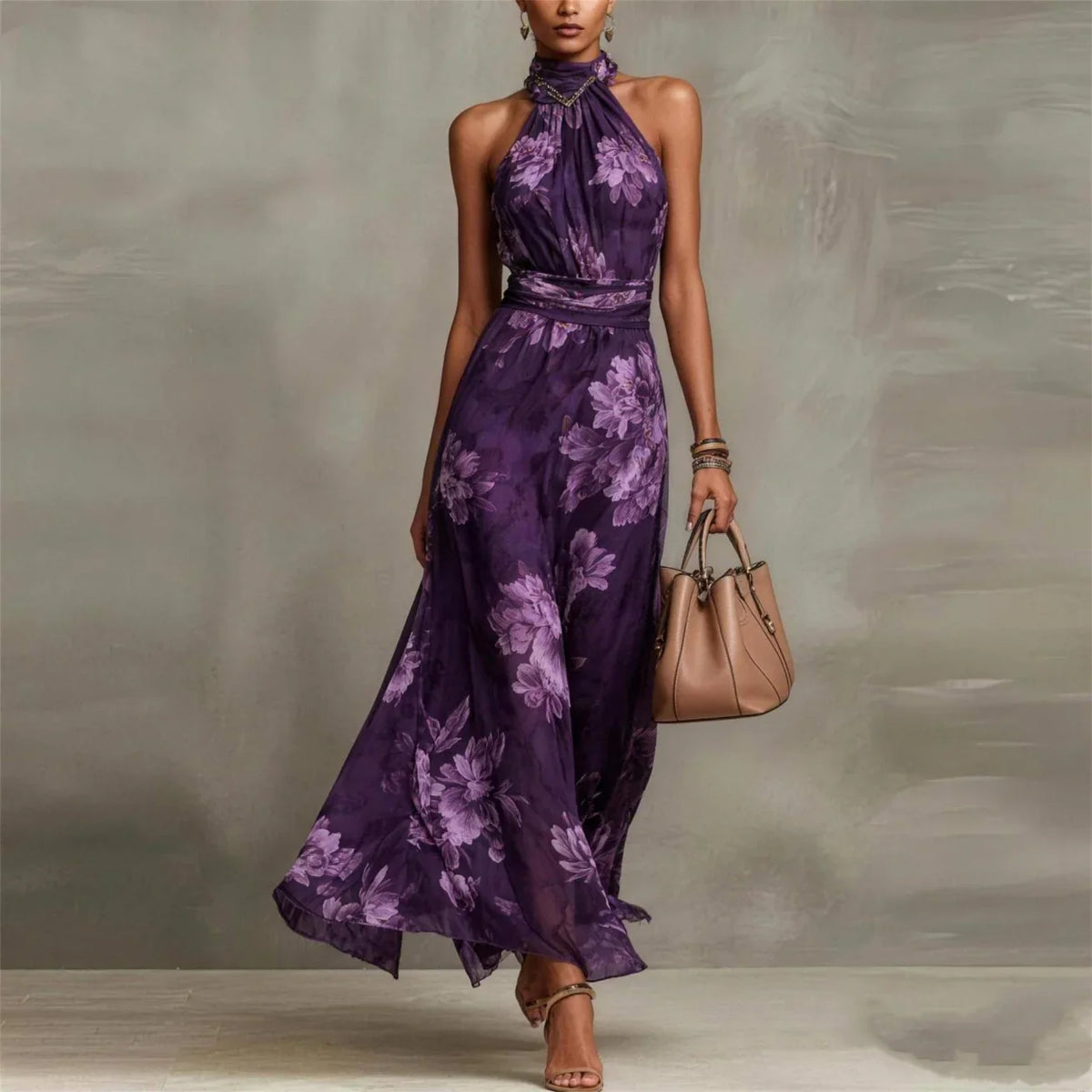 Halter Neck Floral Print Chiffon Sleeveless A-Line Maxi Dress 4