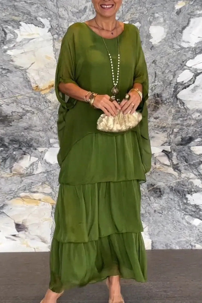 Olive Green Round Neck Dolman Sleeve Tiered Ruffle Layered Maxi Dress