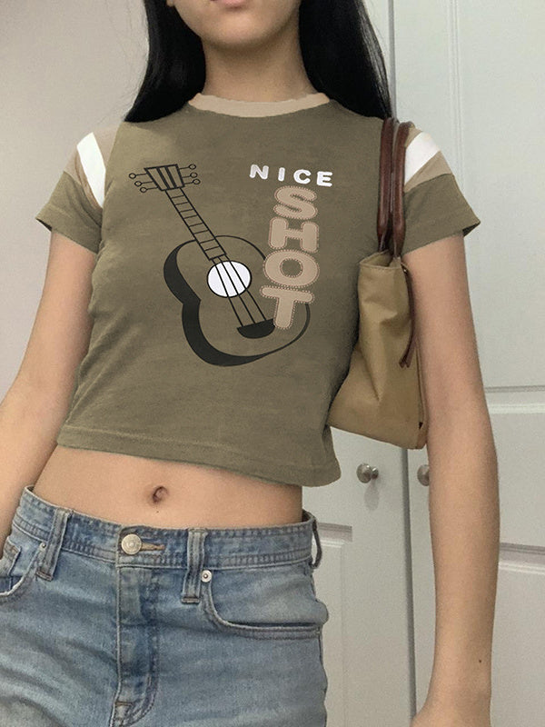 Guitar Print Crew Neck Top