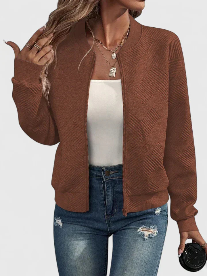 Stand Collar Textured Knit Zip Front Long Sleeve Bomber Jacket