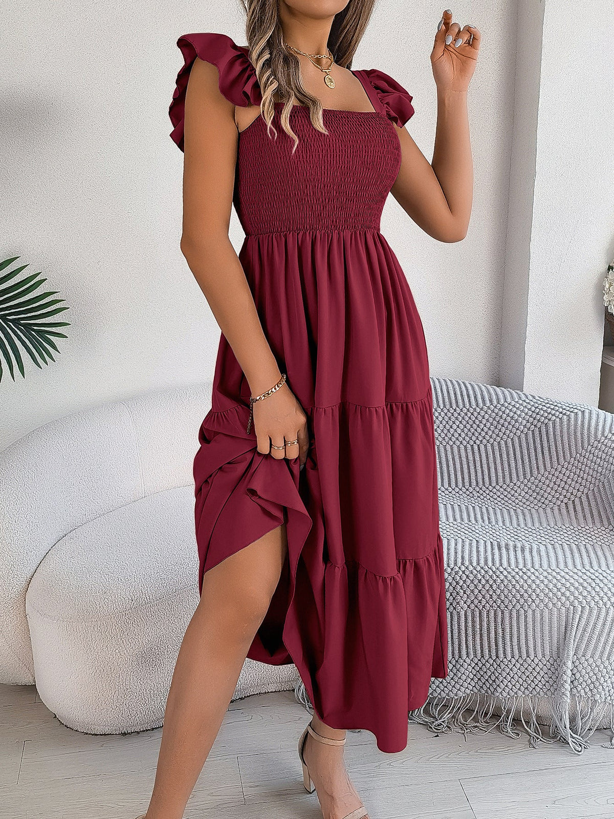 Wine Red Square Neck Flutter Sleeve Shirred Tiered Flowy Midi Dress 4