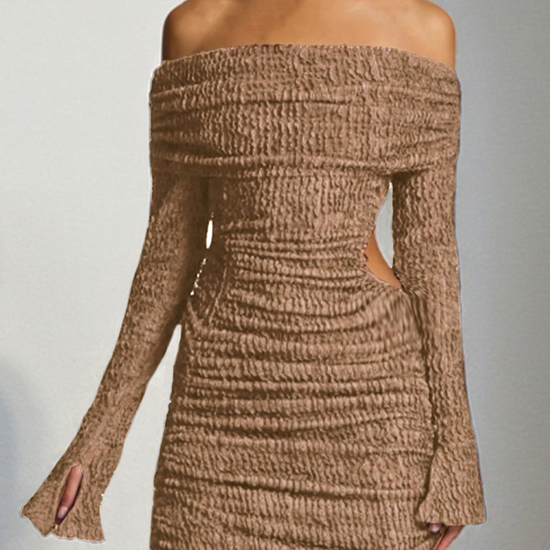 Beige Off-Shoulder Long Sleeve Textured Cutout Bodycon Midi Dress