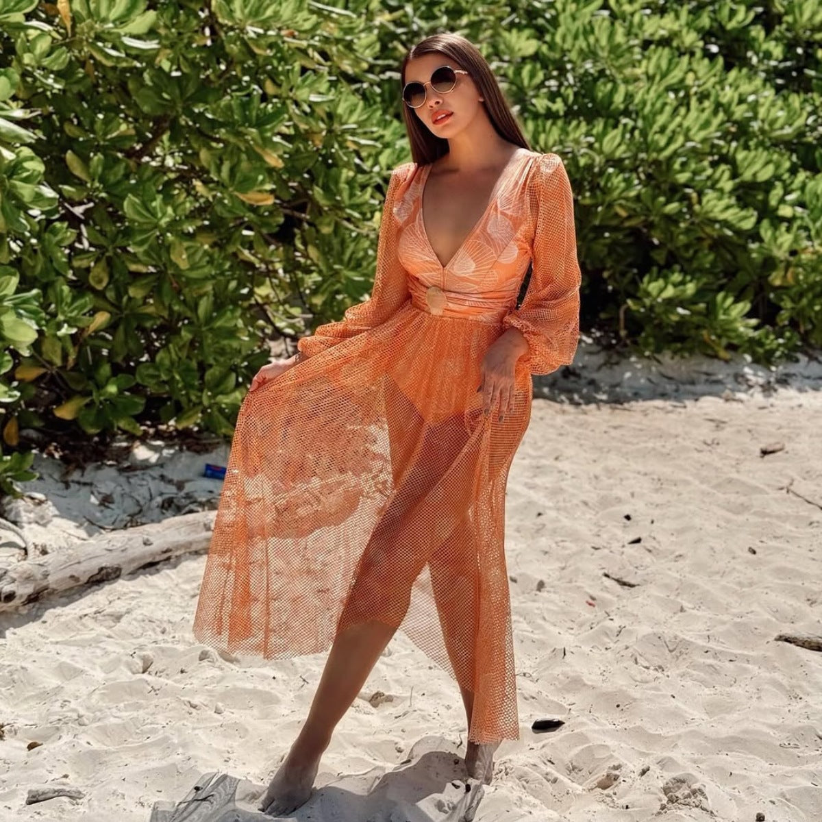 Women Swimsuit V neck Mesh Long Sleeve Glossy Shell Printed One Piece Swimsuit Two Piece Set