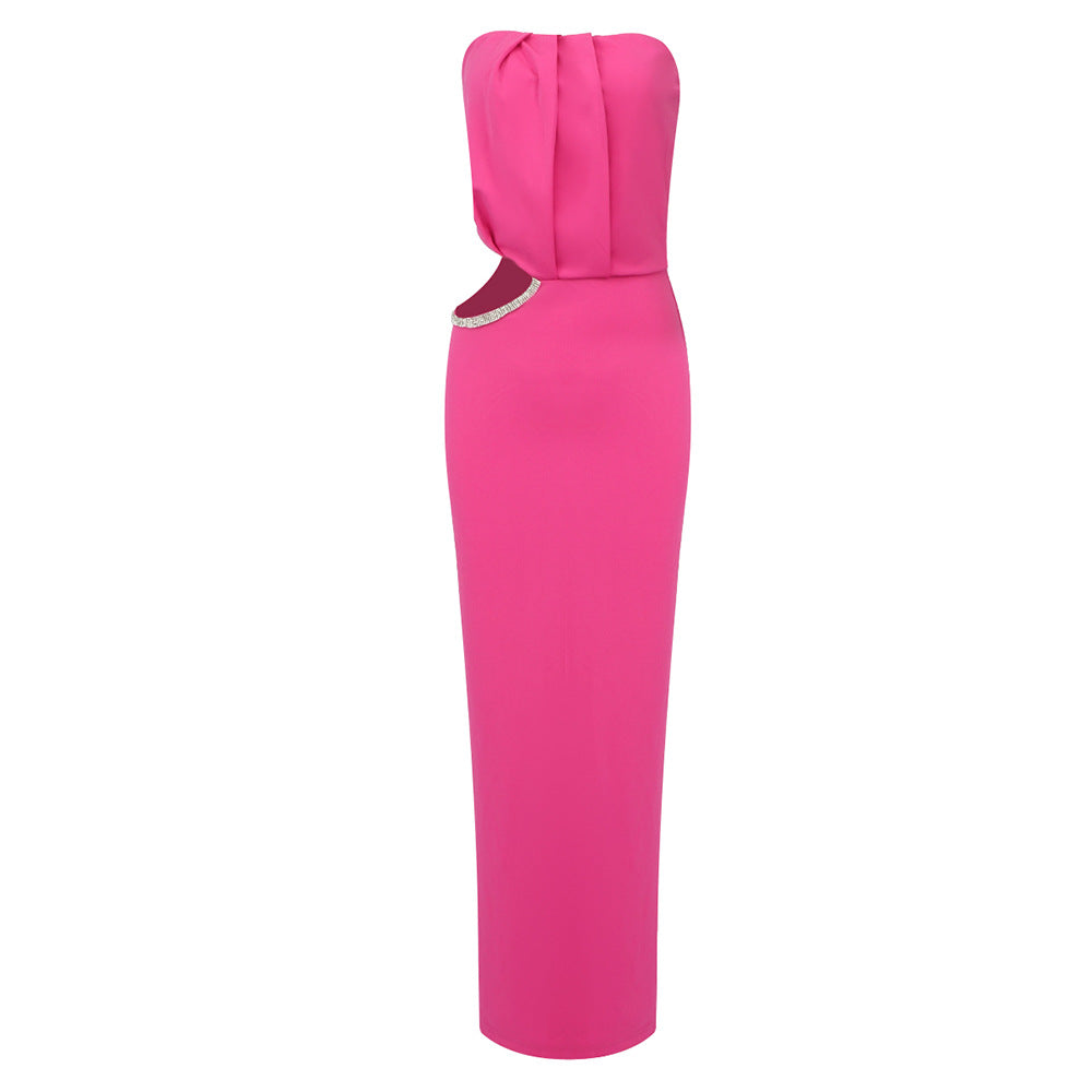 Fall Rose Red Waist Hollow Out Cutout Out Rhinestone Tube Top Dress Dress