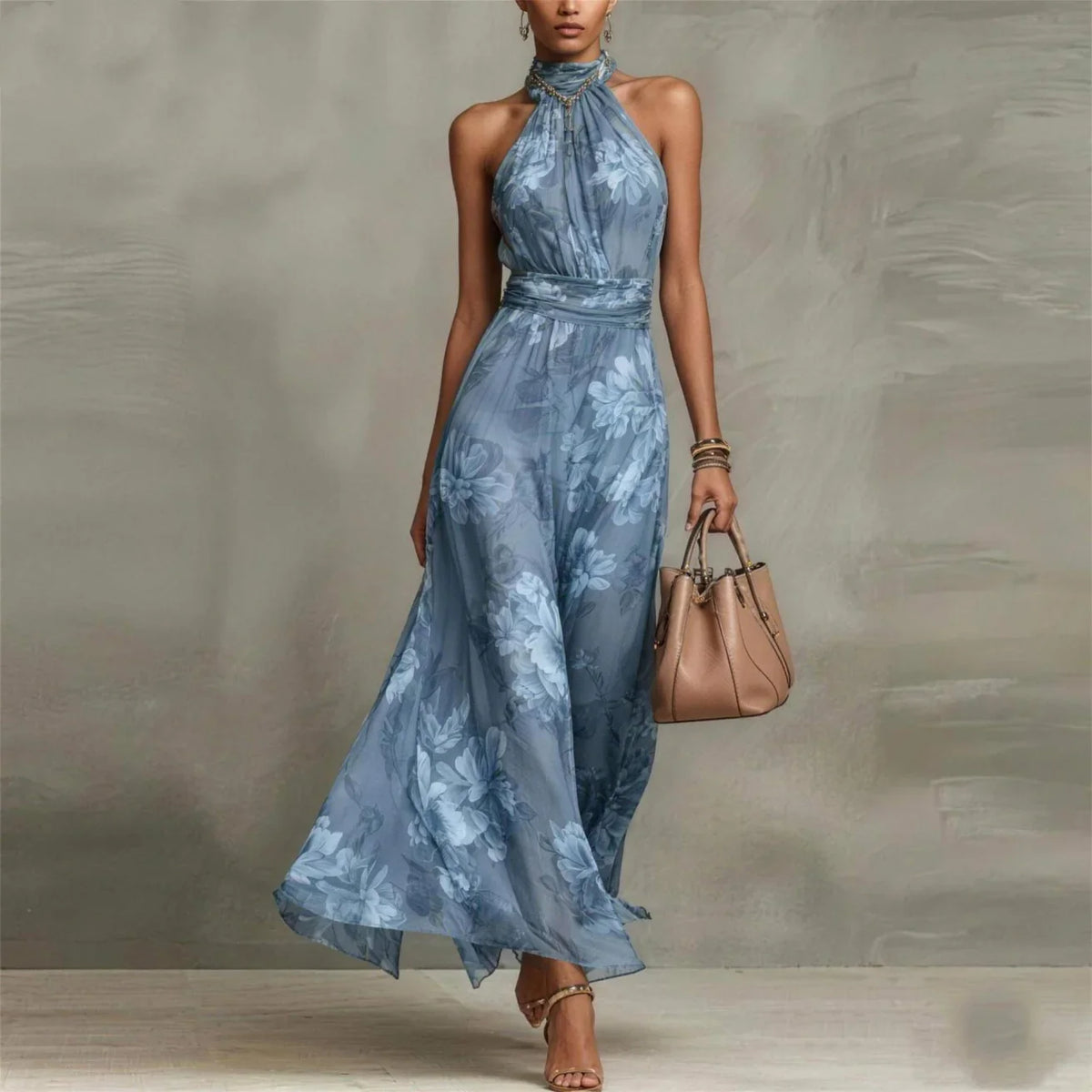 Halter Neck Floral Print Chiffon Sleeveless A-Line Maxi Dress 2
