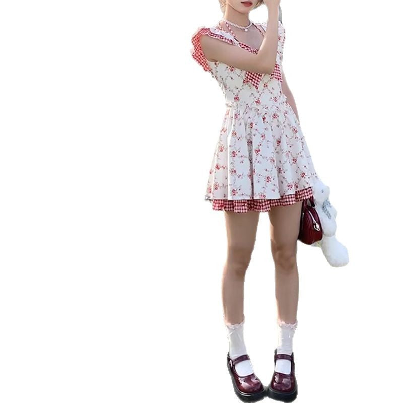 Small Flying Sleeve Floral Plaid Dress