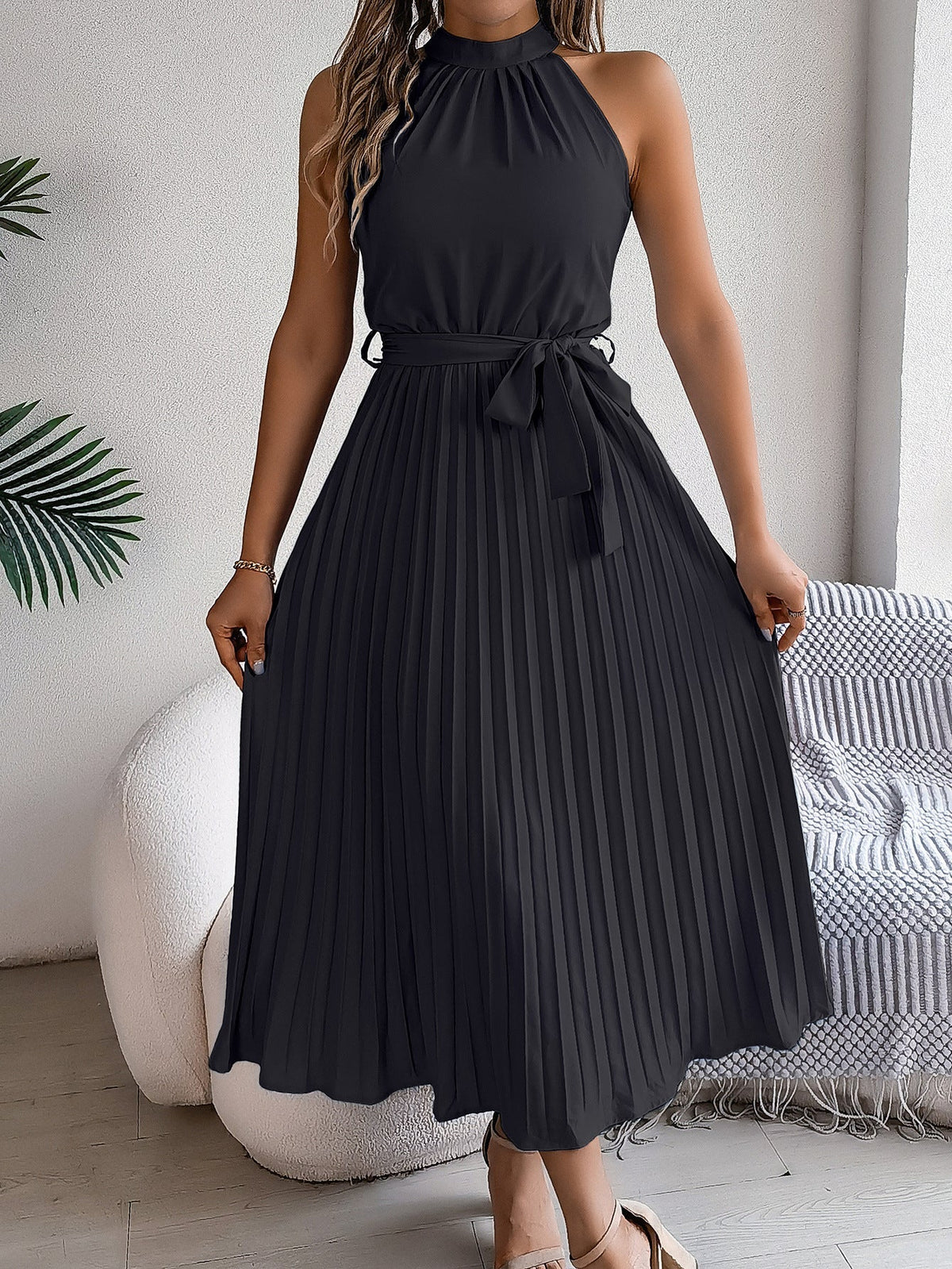 Halter Neck Sleeveless Belted Pleated A-Line Midi Dress