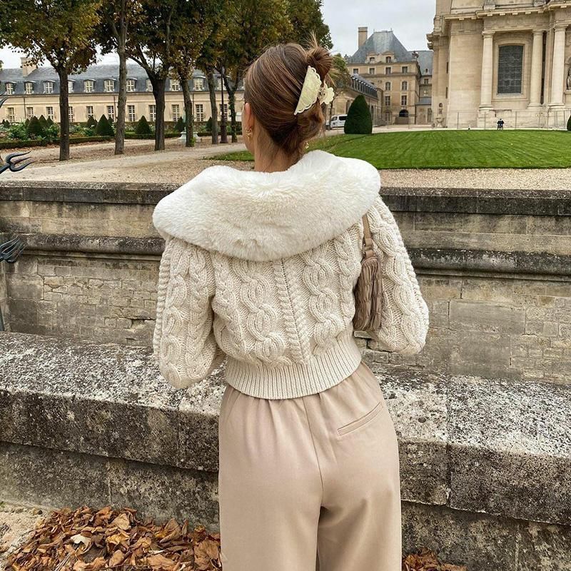 Beige Faux Fur Collar Cable Knit Button Cropped Cardigan 7