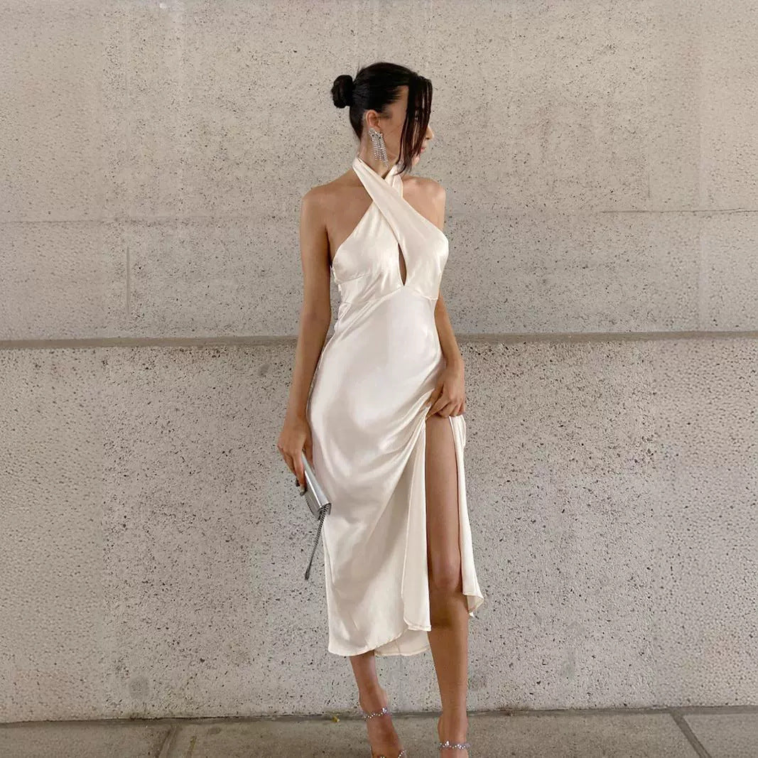Halter Neck Satin Keyhole Cutout Backless High Slit Maxi Dress 5