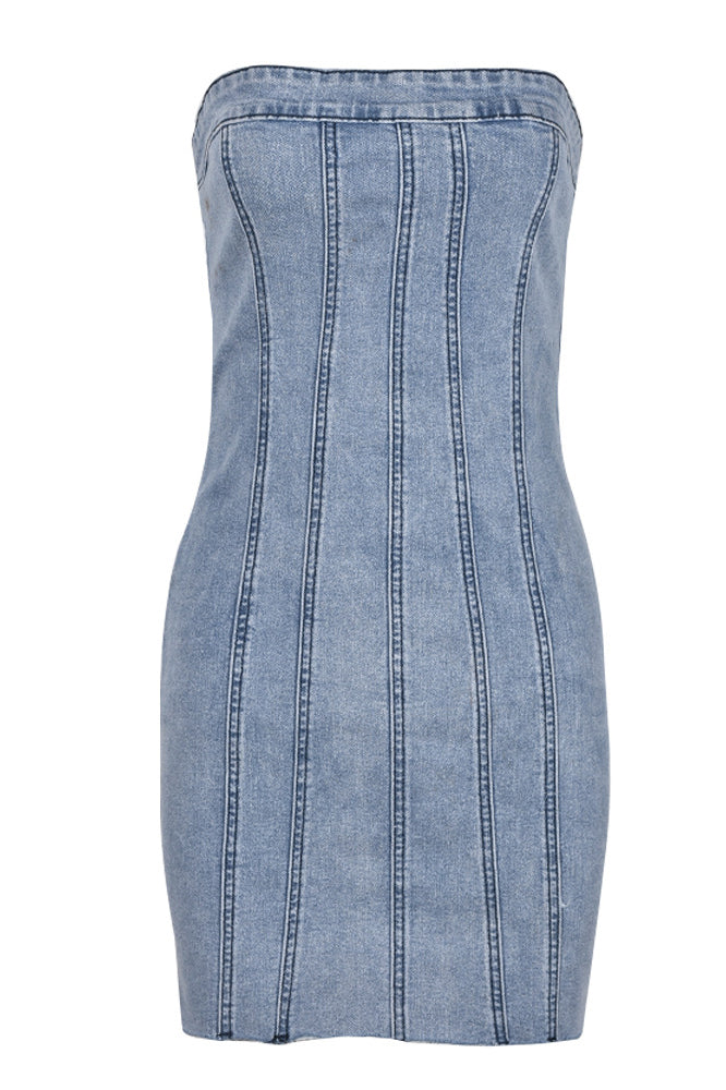 Light Blue Strapless Denim Corset Seam Raw Hem Bodycon Mini Dress