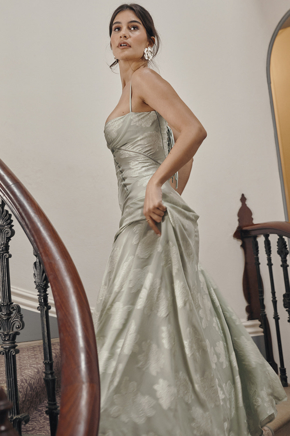 Spaghetti Strap Floral Jacquard Lace-Up Side Satin Maxi Dress