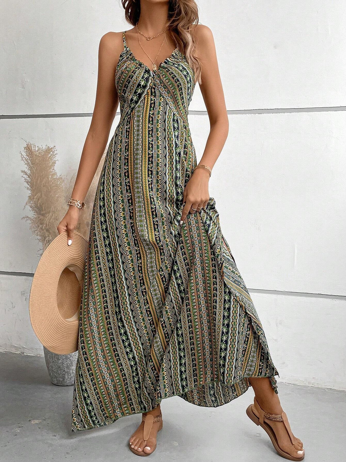 V-Neck Boho Print Spaghetti Strap Twist Front High Slit Maxi Dress