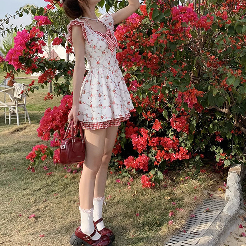 Small Flying Sleeve Floral Plaid Dress