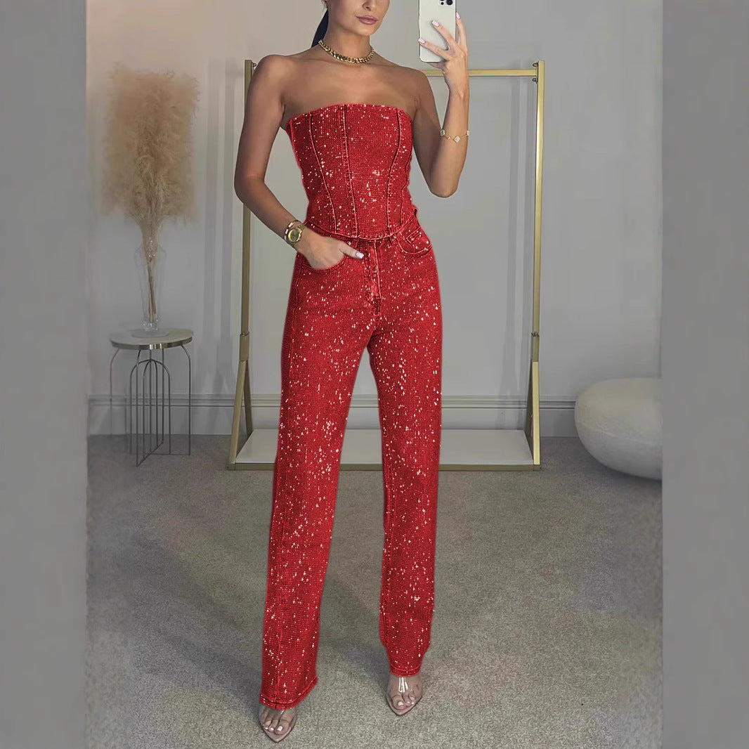 sexy off-shoulder sparkling diamond pants suit