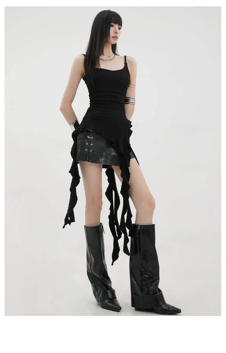 Black Asymmetric Ribbon Strap Tank Top With Ruffle Edge Design