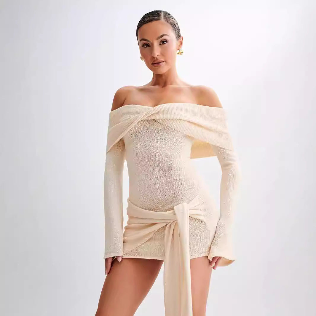 Sidony Waist Knot Off Shoulder Knitted Mini Dress