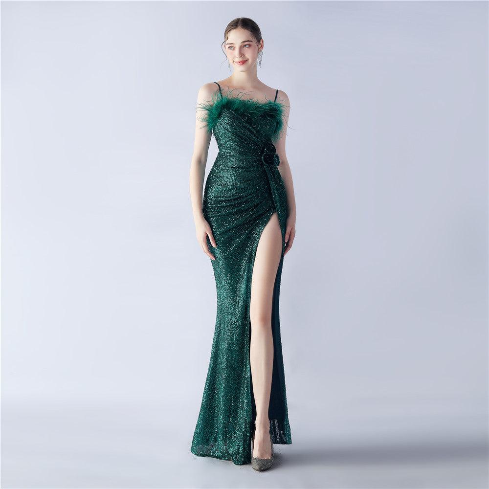 Spaghetti Strap Feather Trim Sequin High Slit Mermaid Gown 7