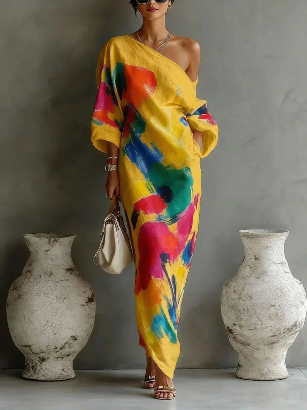 One-Shoulder Long Sleeve Abstract Watercolor Print Column Maxi Dress