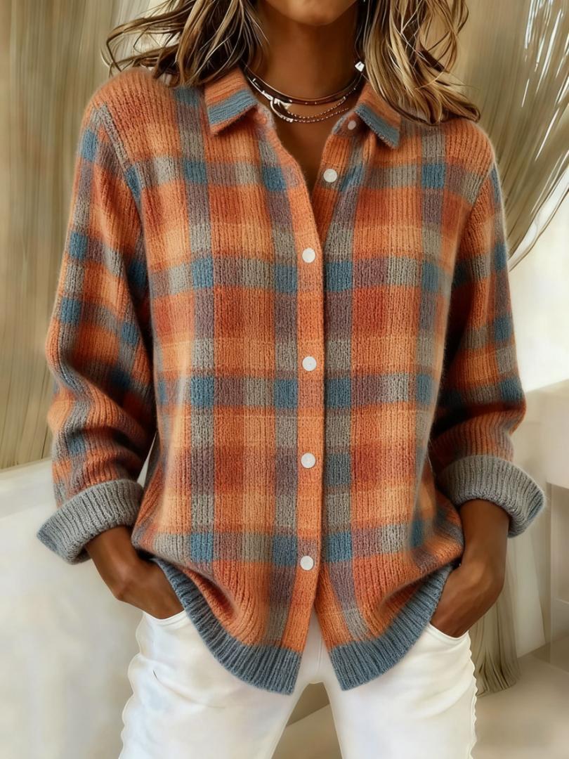 Multicolored Collared Button-Up Plaid Contrast Cuff Knit Long Sleeve Shirt