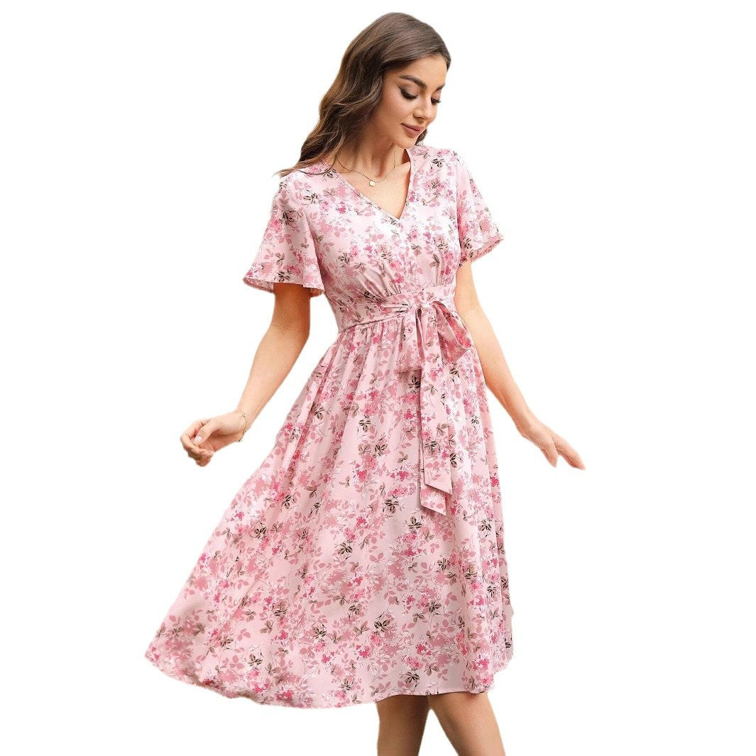 Zuleyka Chic Women's Floral Dress with V Neck and Tailored Tie Belt Silhouette Collection