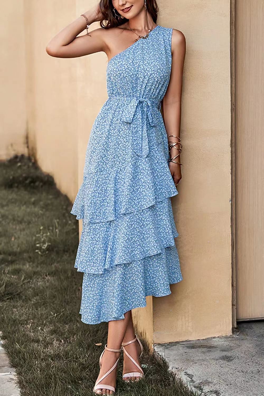 Green One Shoulder Ruffle Trim Dress With Print S / Red One Shoulder Print Maxi Dress