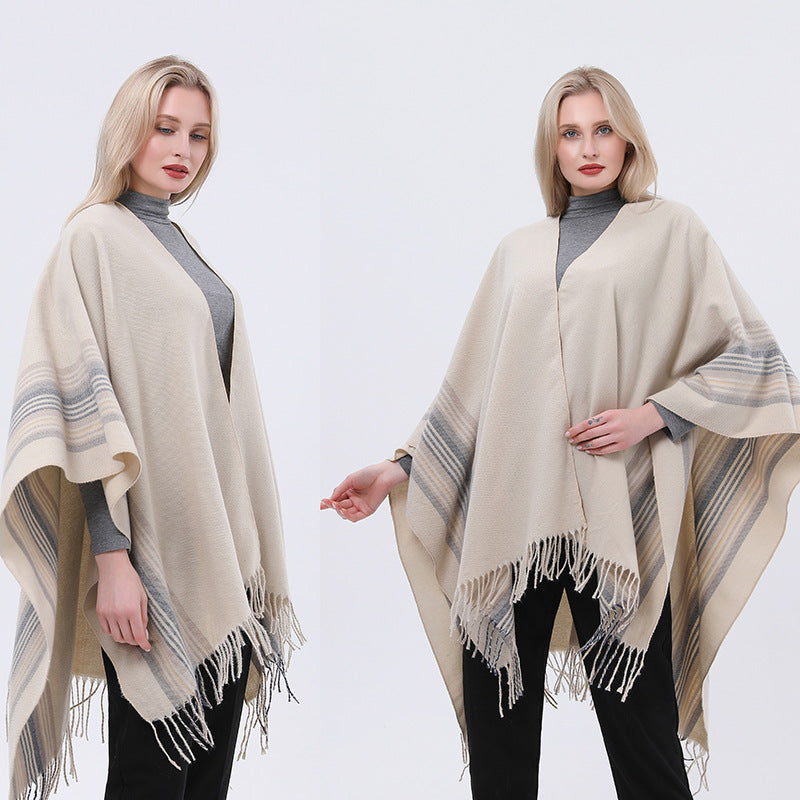 New Europeanstyle Simple Fashionable Split Polyester Striped Scarf