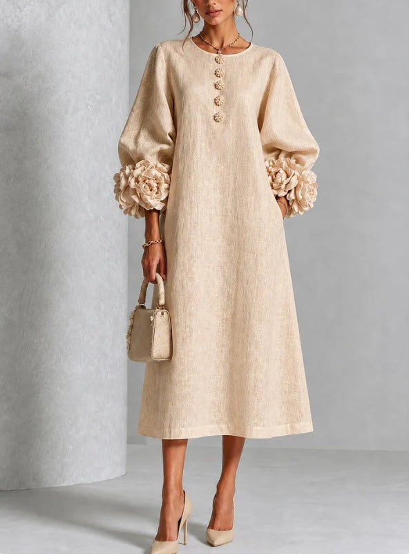 Round Neck Rosette Applique Puff Sleeve Button A-Line Midi Dress 10