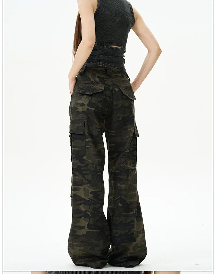 Camo Print Wide-Leg Multi-Pocket Cargo Pants
