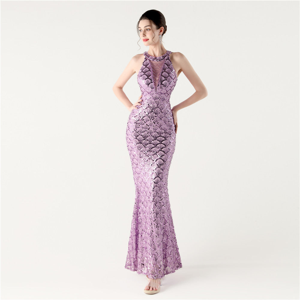 Halter Neck Sequin Illusion Mesh Mermaid Maxi Gown 2