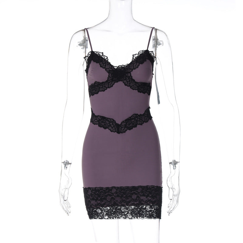 V Neck Stitching Lace Edge Spaghetti Straps Corset Hip Wrapped Short Dress