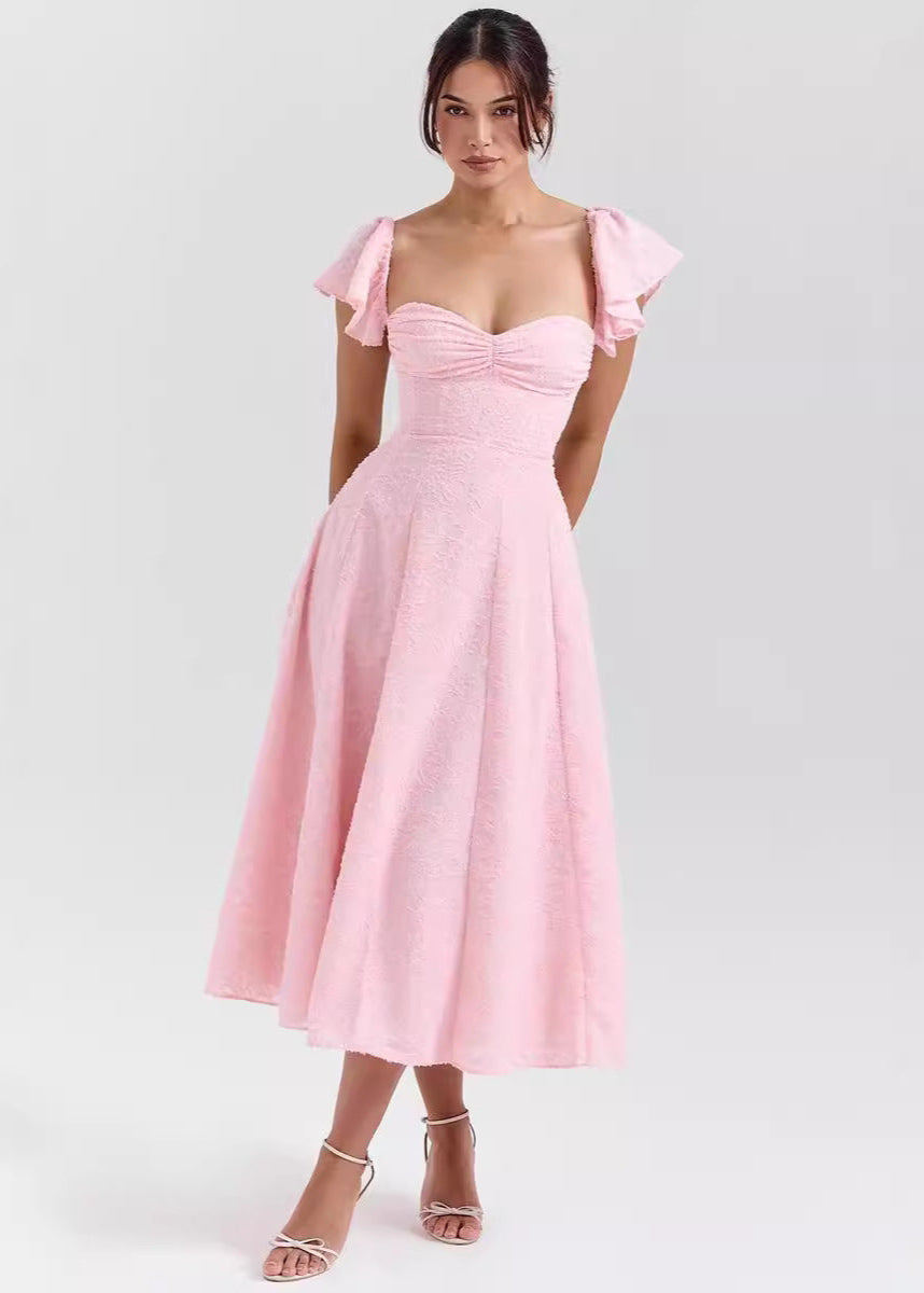 Rosalie Textured Flutter Sleeve Midi Dress