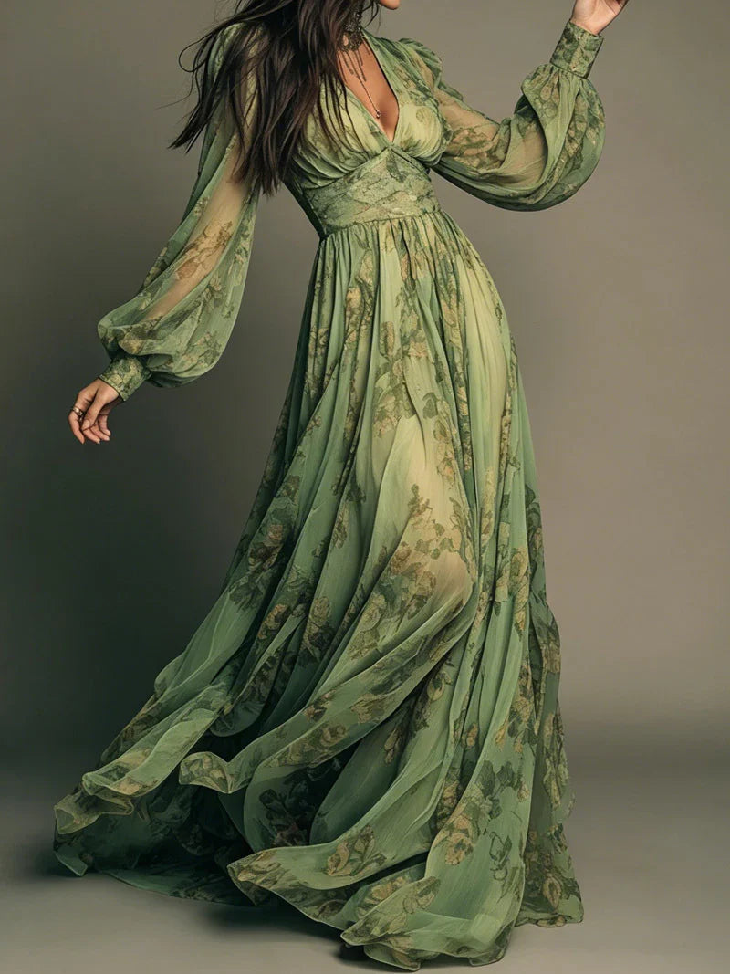 Deep V-Neck Lantern Sleeve Floral Chiffon Flowing Maxi Gown