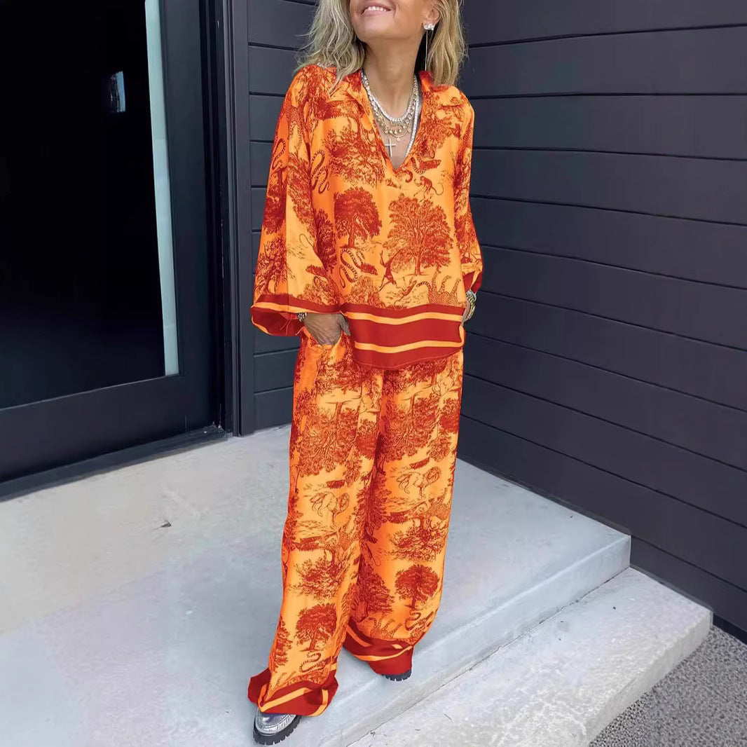 V-neck long-sleeved printed casual suit